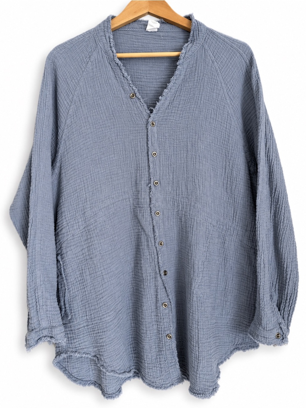 Flawless Oversized Cotton Gauze Button Down Tunic Shirt Frayed Raw Hem Blue M